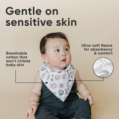 Copper Pearl Neil bib snaps stay put, gentle on skin.