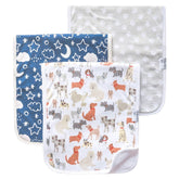 Copper Pearl Rufus 3-pack burp cloths laid flat for full shoulder coverage and spill control.