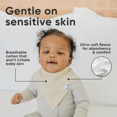 Copper Pearl Santa Fe bib worn by baby for mess-ready meals and teething.