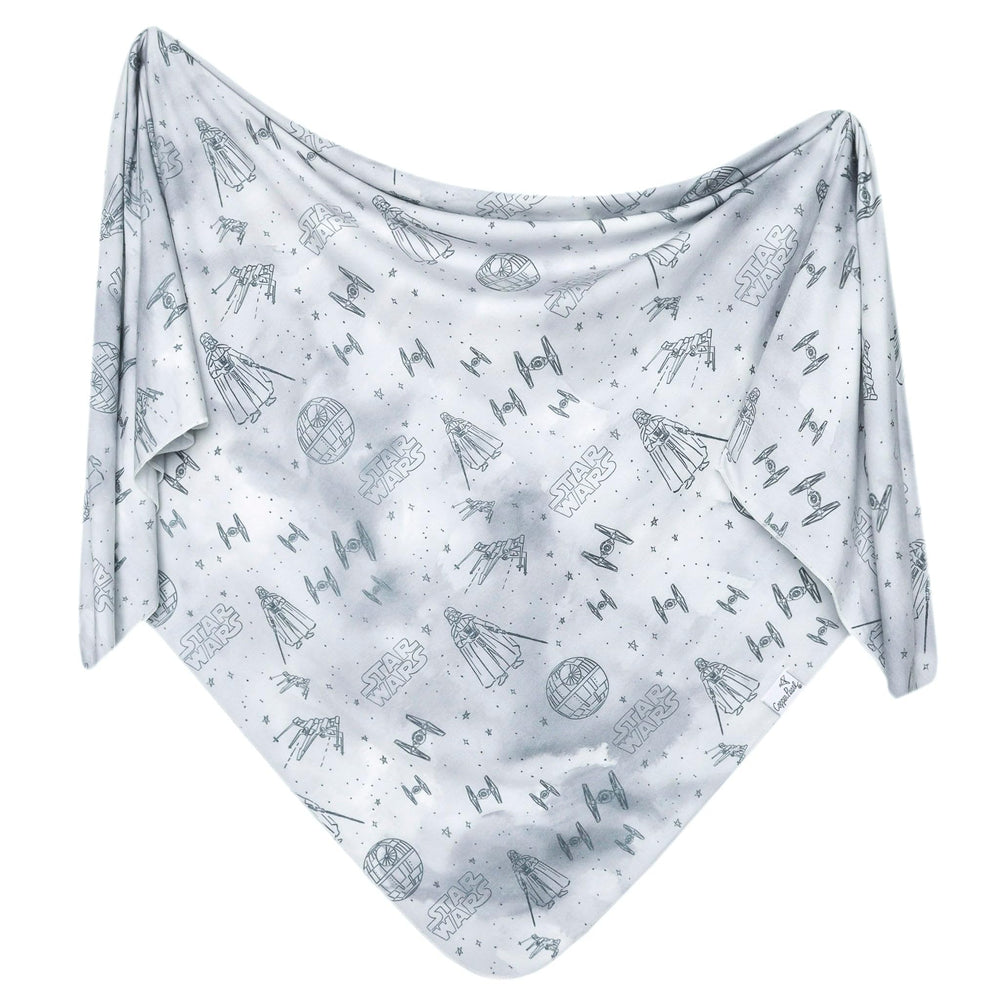 Copper Pearl Empire swaddle aerial view highlights generous 46x46 size for growing babies and multi-use.