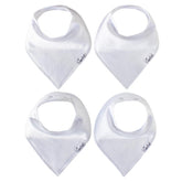 Copper Pearl White Basics four-pack bibs front view showing adjustable snaps for newborn to toddler use.