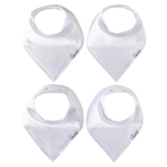 Copper Pearl White Basics four-pack bibs front view showing adjustable snaps for newborn to toddler use.