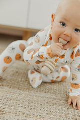 Copper Pearl zip-up footie pajama tag-free-neck close-up for comfy wear.