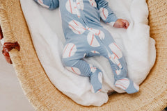 Copper Pearl zip-up footie pajama two-way zipper image demonstrates easy diaper changes.