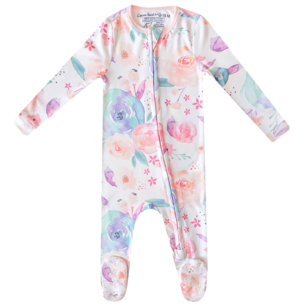 Copper Pearl zip-up footie pajamas bloom print provide ultra-soft sleep comfort.