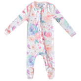 Copper Pearl zip-up footie pajamas bloom print provide ultra-soft sleep comfort.