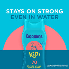 Applying Coppertone Kids SPF 70 lotion on arm for sunny days.