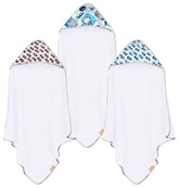 CORAL DOCK 3Pack Hooded Bath Towels flatlay highlight quick-drying baby towels for bath time.
