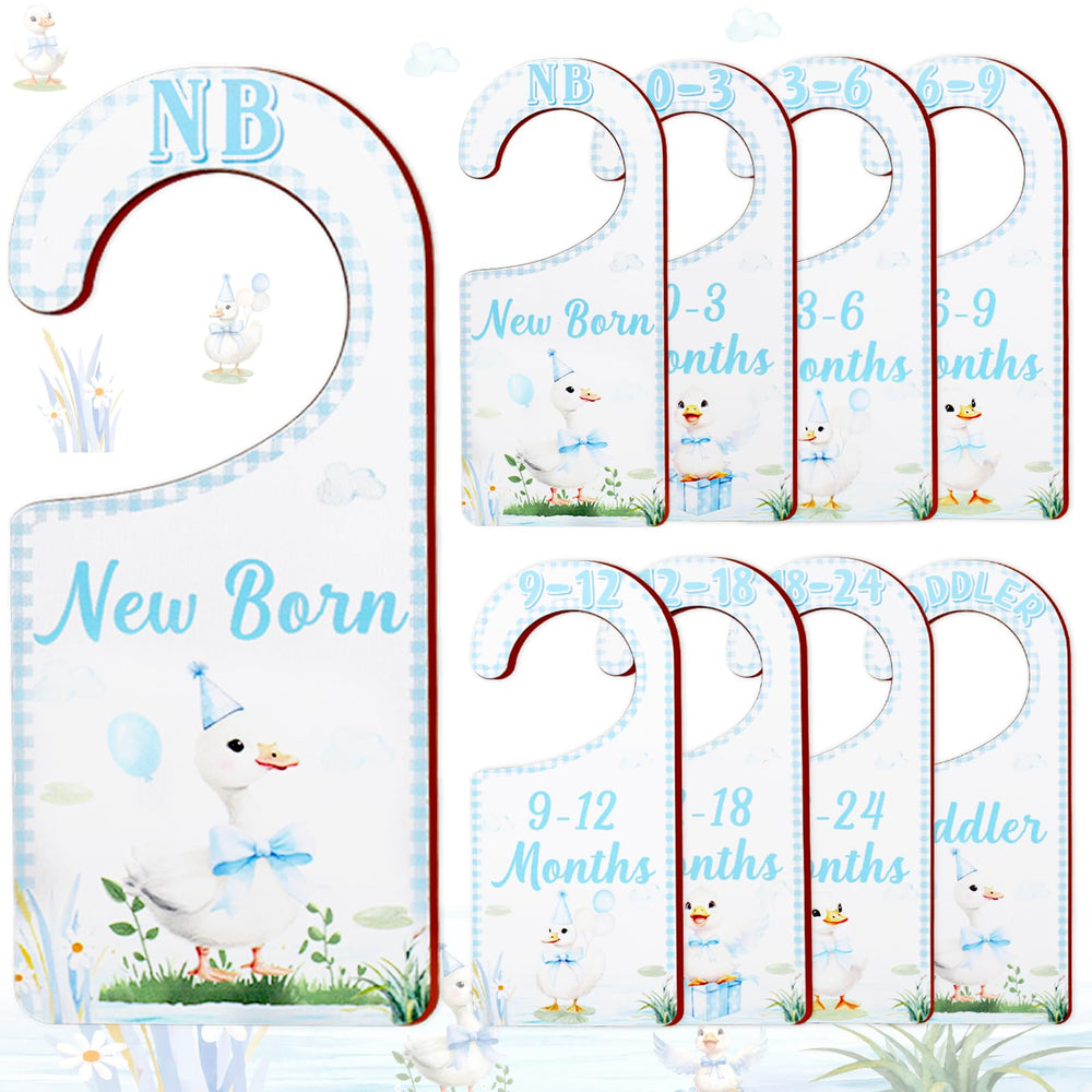 Corner Lace baby closet dividers with blue goose motif organize newborn to toddler clothing
