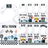 CORNER LACE race car closet dividers front view with age labels for easy sorting