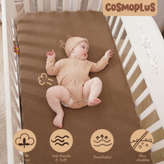 COSMOPLUS Muslin crib sheets with elastic band demonstrate easy, secure installation.