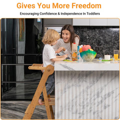 COSYLAND Foldable Toddler Standing Tower kid-at-counter demonstrates practical learning height for cooking.