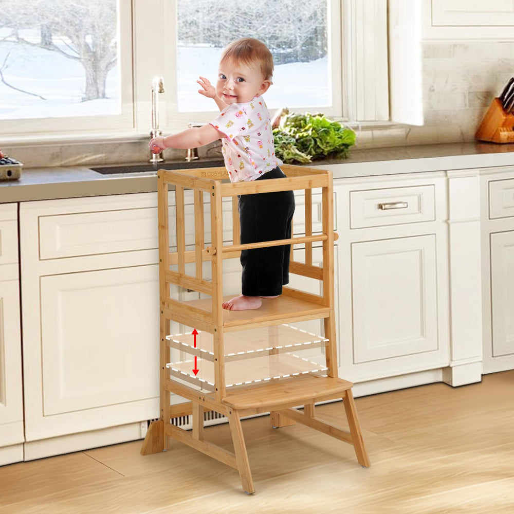 COSYLAND toddler standing tower assembly view highlighting natural bamboo for safe use
