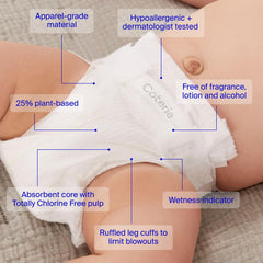 Coterie size 1 diapers 198-count with up to 12-hour leak protection.