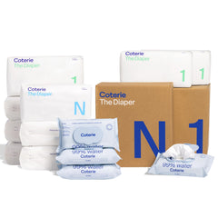 Coterie baby wipes and diaper kit overview for gentle, plant-based newborn care.