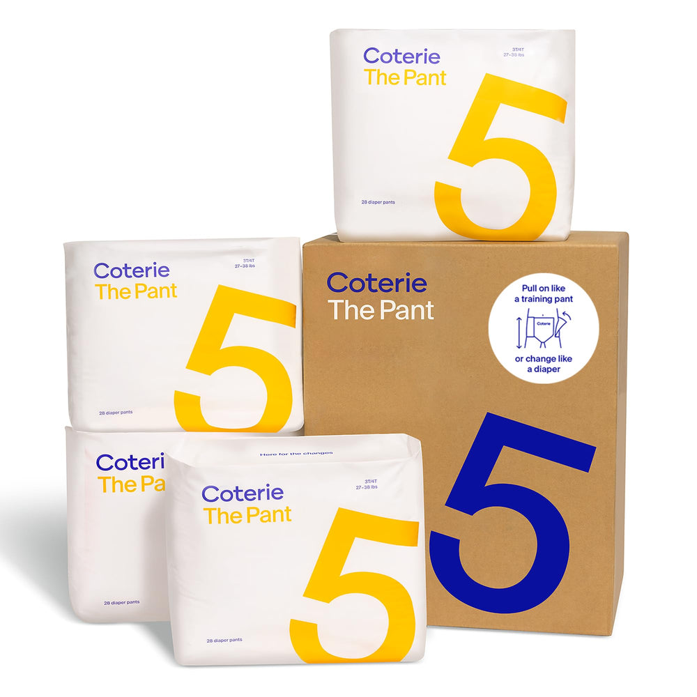 Coterie The Pant size 5 refastenable training pants on a child for easy changes.
