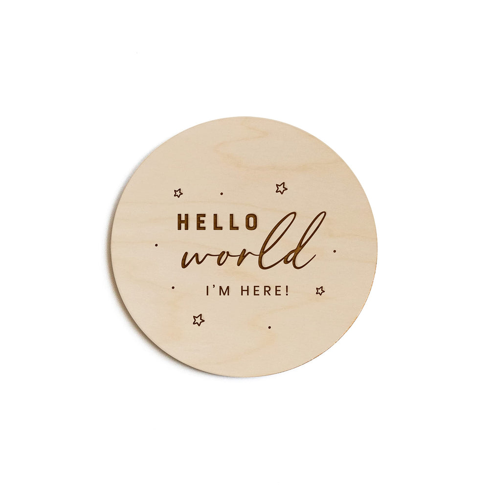 The Cotton & Canvas Co newborn disc prop for Hello World stars—perfect for newborn photoshoots.