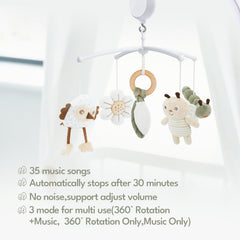 COTTONBEBE crib mobile slow rotation engages baby's attention during awake time.