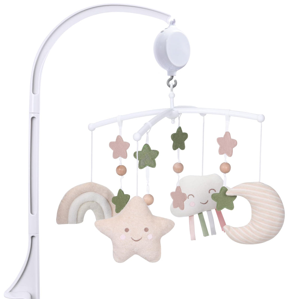 COTTONBEBE crib mobile with stars gently captures baby’s attention for visual tracking.