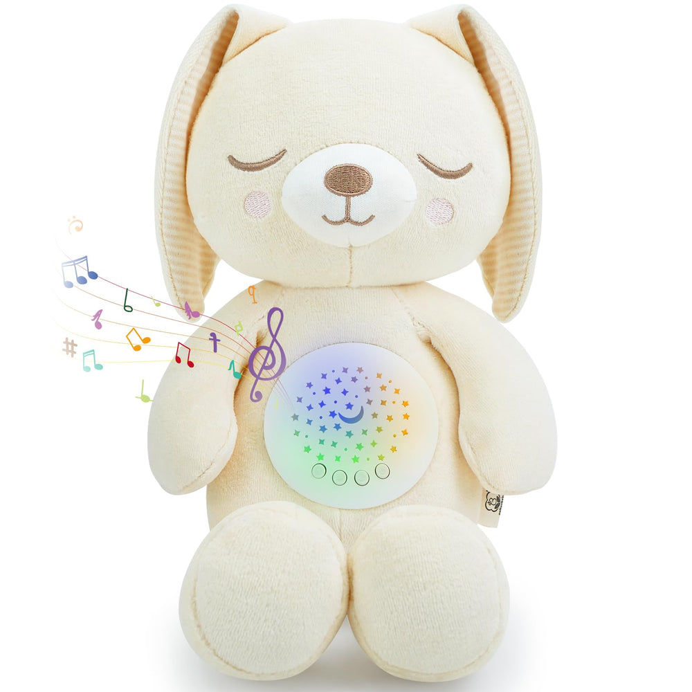 Cottonbebe musical stuffed animal bunny closeup shows soft fabric for gentle snuggles.