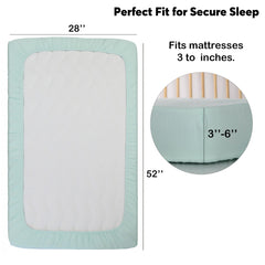 Cottonsis muslin crib sheet on mattress mint green closeup emphasizes 360-degree elastic edge for snug fit.