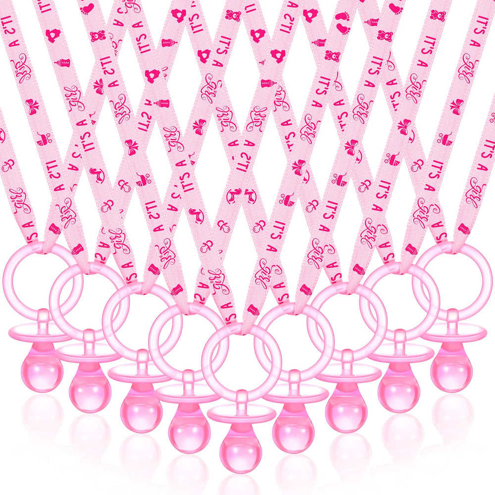 Coume pink pacifier necklaces closeup showing 60-piece baby shower decorations for parties