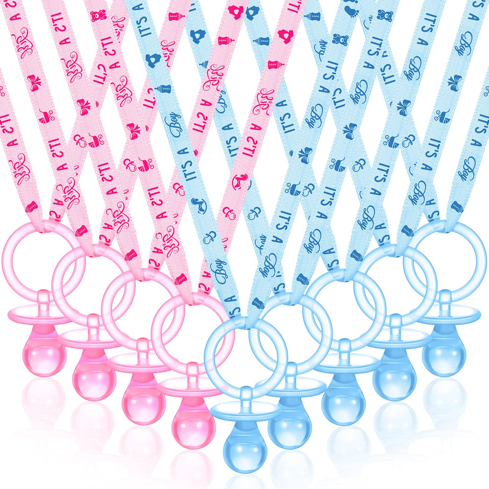Coume baby shower pacifier necklace blue pink closeup showcases a wearable party favor