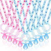 Coume baby shower pacifier necklace blue pink closeup showcases a wearable party favor