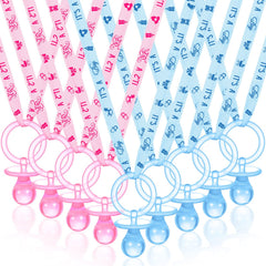 Coume baby shower pacifier necklace blue pink closeup showcases a wearable party favor