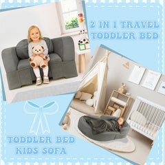 Coumy toddler travel bed with pillow and sheet included for cozy rests.