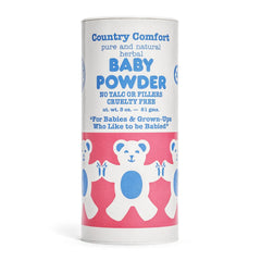 Country Comfort Baby Powder tin closeup with herbal blend for delicate skin care and moisture control
