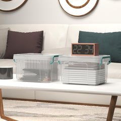 Covetree locking latch lid storage bin keeps contents secure and dust-free.