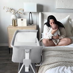 Cowiewie Bassinet Bedside Sleeper demonstrates a 99 gap-free bed attachment for easy reach