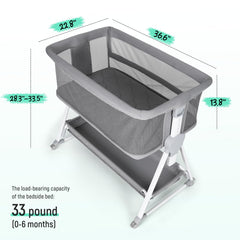 Cowiewie bassinet bedside sleeper seven-height-adjustments for easy bed-height matching.