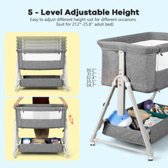 Cowiewie Bassinet height adjustment 5 level demonstrates bed alignment with standard mattress