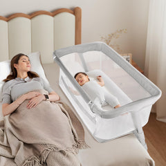 Cowiewie bassinet height-adjustment shows versatile bedside placement for safer night feeds