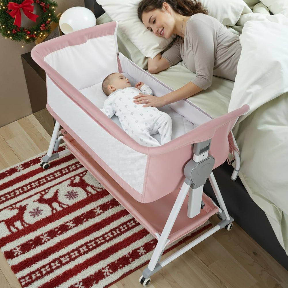 Cowiewie Bassinet with pyramid base shows stable bedside support for safe nights.
