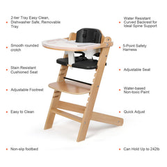 Cowiewie highchair padded seat image emphasizes comfort during long meals for babies.