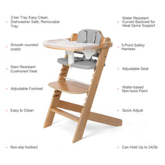 Cowiewie wooden high chair tray attachment in use for easy feeding