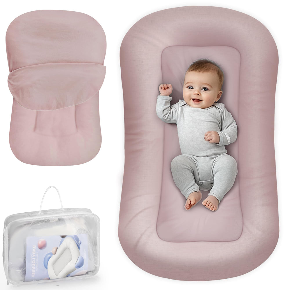 Cpzzkq Baby Lounger Pink front view shows plush bumper for newborn comfort