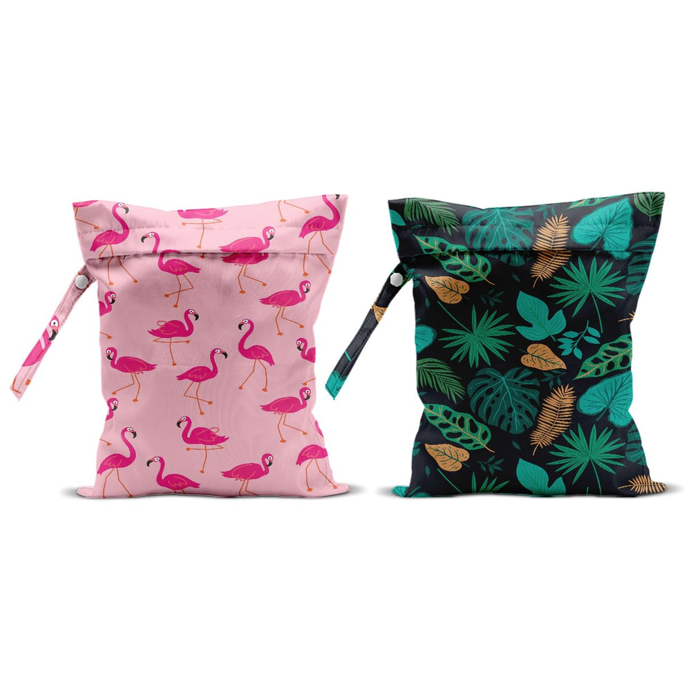 CQM wet bag pink flamingo front view shows compact 12x10 travel-ready size