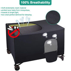 Crayfomo blackout cover setup image shows quick pop-over install on a travel playard.