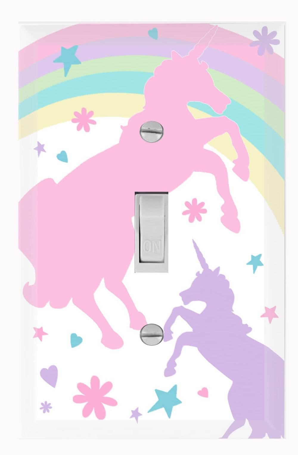 Create-A-Mural pastel unicorn switch cover shown in a cozy baby nursery decor.
