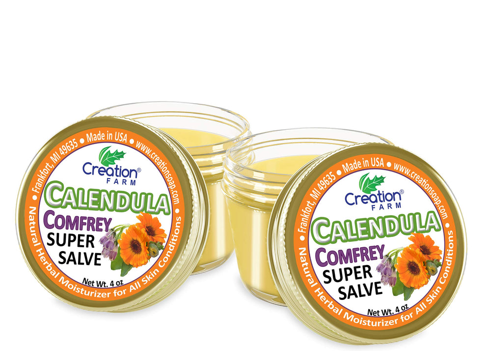 Creation Pharm Calendula Comfrey Salve bottle showing herbal skincare benefits