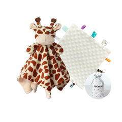 CREVENT Cozy Plush Baby Security Blanket with giraffe head offers comforting tactile play for babies.