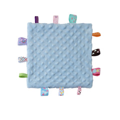 CREVENT tag security blanket blue tag closeup shows a soft, soothing tactile surface for babies.