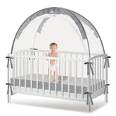 Crib Tent safety guard grey front view demonstrates full coverage for baby protection.