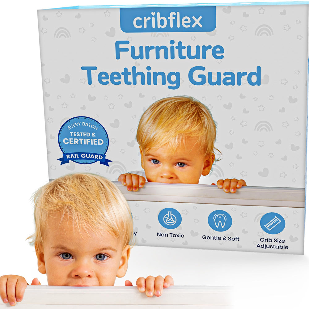 Cribflex crib rail cover teething guard on rail protects from bites.