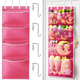 Criusia over-the-door hanging organizer pink on door with four deep mesh pockets keeps plush toys organized.