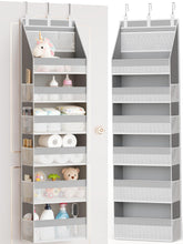 Criusia over-the-door organizer front view shows grey finish with accessible storage for towels and small essentials.